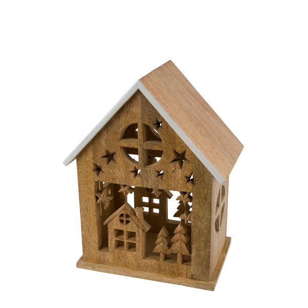 Deko Holzhaus Winter, massives Holzhaus mit Winter-Ausschnitt, Relief-Arbeit, weiß lackierte Dachkan