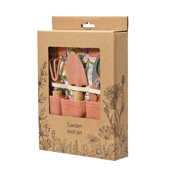 Gartenwerkzeugset terracotta im Geschenkkarton, Kelle, Schere, Harke, Tasche, 18x24cm