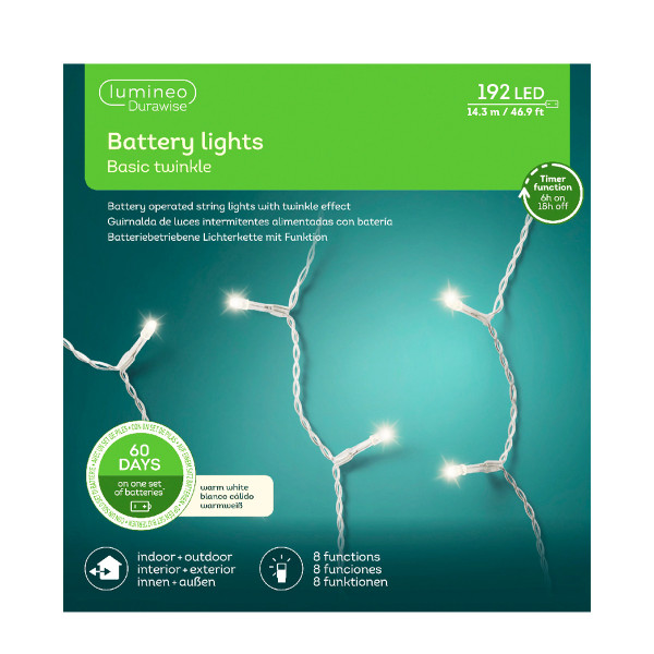 Lichterkette Basic Twinkle, warmes weiß, 192 LED, 143cm, Batteriebetrieb, Lumineo