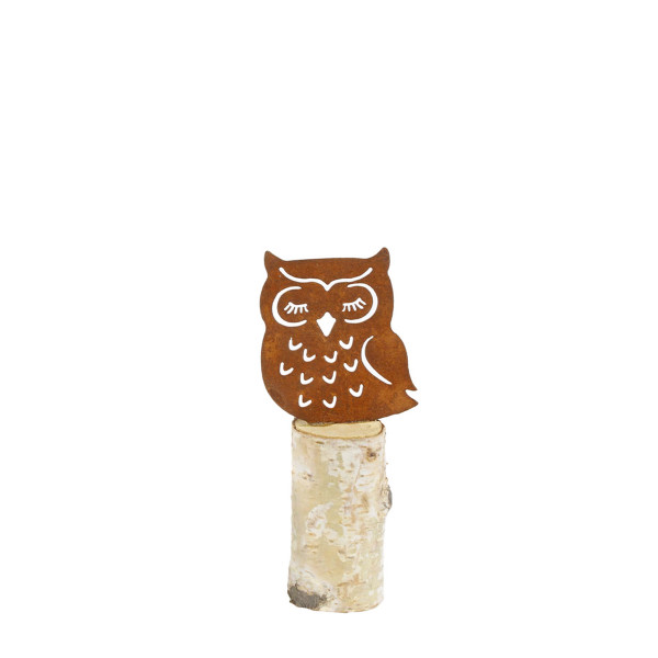 Deko Eule auf Birkenholzstamm, 18cm, Naturholz/Rost