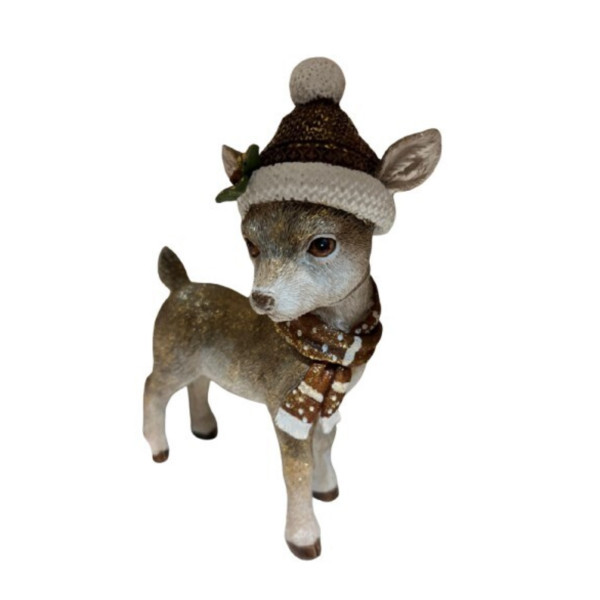 Dekofigur Bambi, kleines putziges Reh mit Mütze und Schal, 27cm