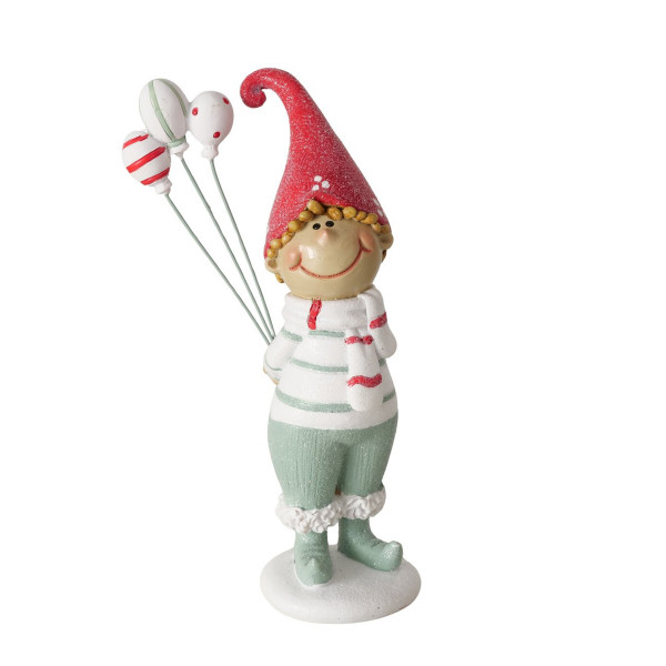 Deko Figur Wichteljunge Jungle, lustiger pausbäckiger Wichtel mit roter Mütze und Ballons, Boltze Ho