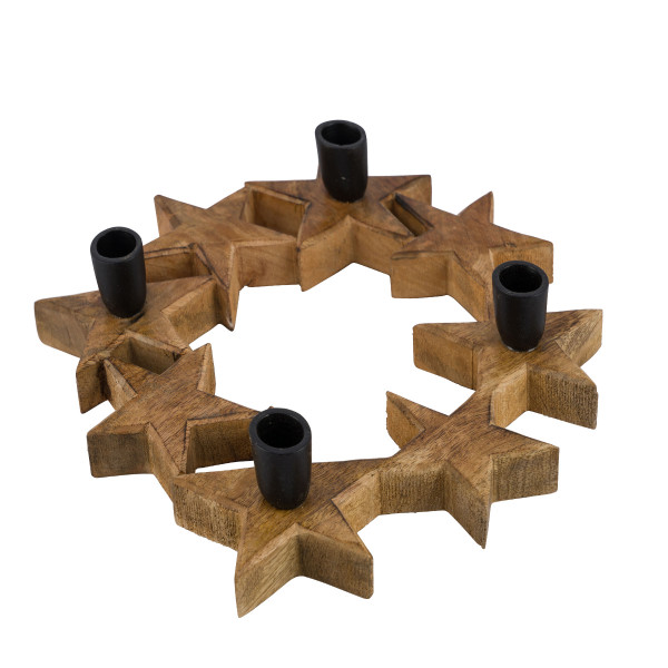 Kerzenhalter Sternenkranz, Holz-Metall-Kerzenhalter für 4 Stabkerzen in Sternform, natur-schwarz, Ø2