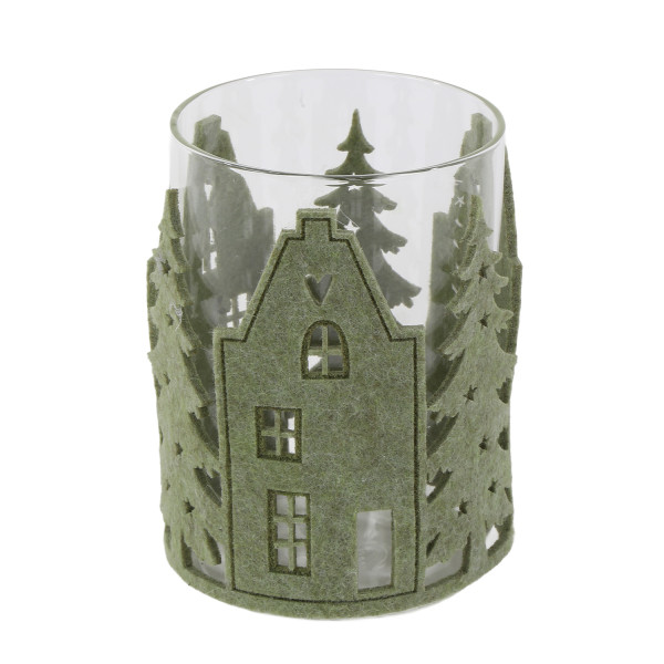Deko Windlicht Filzhaus grün, Glaswindlicht mit Häuser und Tannenbäume aus Filz, 13cm