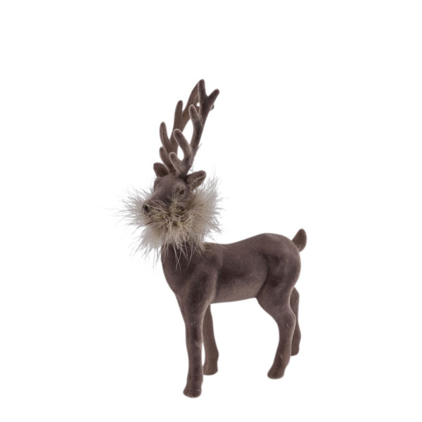 Deko Hirsch mit Federboa, grau Hirsch, samtig beflockt, 28cm