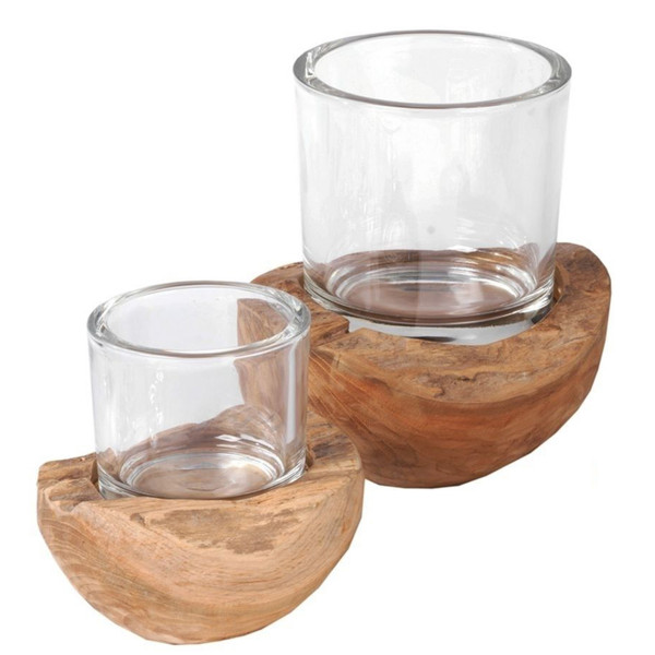 Holz Windlicht Teak unfinish, Glaszylinder auf Holzsockel, 12cm, WMG Grünberger