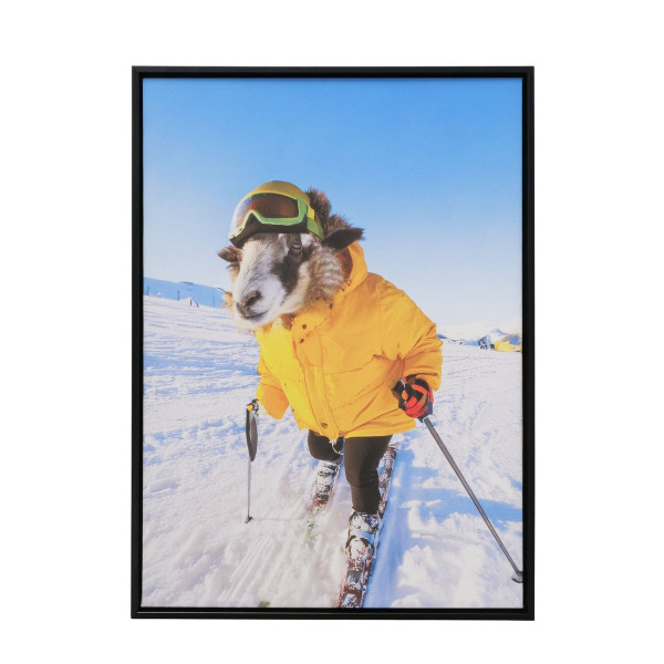 Leinwandbild Ziegenbock Skian Winter, Ziegenbock in Winterkleidung und Skibrille beim Skifahren, Bol