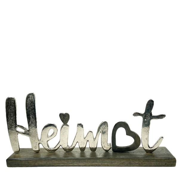 Metall Schriftzug: Heimat und zwei Herzen, auf Holzsockel, 32cm