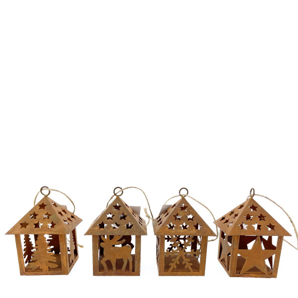 Deko Weihnachtsschmuck Weihnachtshäuschen Rost, 4 versch Motive, 5x5x10cm, Edelrost