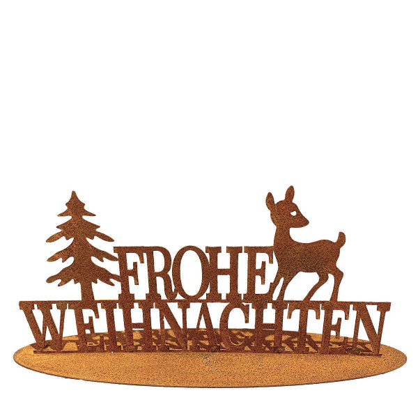 Deko Schriftzug Frohe Weihnachten, Rost Aufsteller Weihnachten mit Tannenbaum und Rehkitz, 28cm