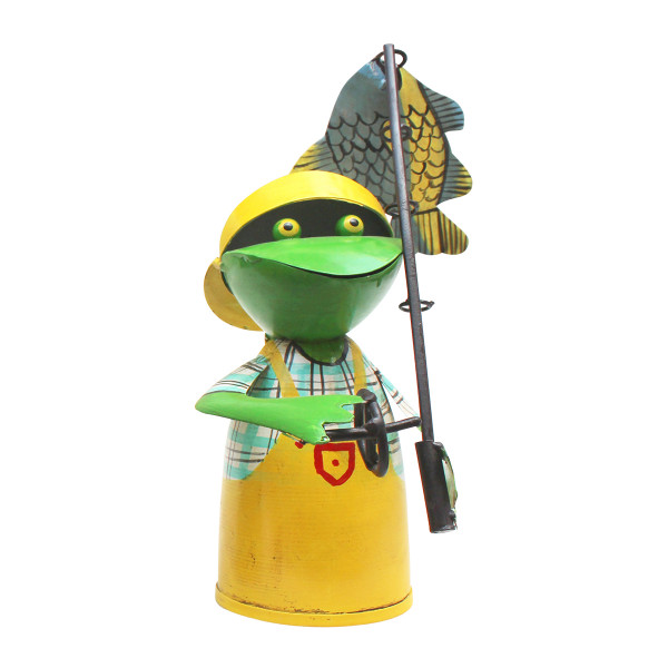 Zaunhocker Frosch Angler, Metallfrosch mit Angel und Fisch, gelbe Schürze, 25cm