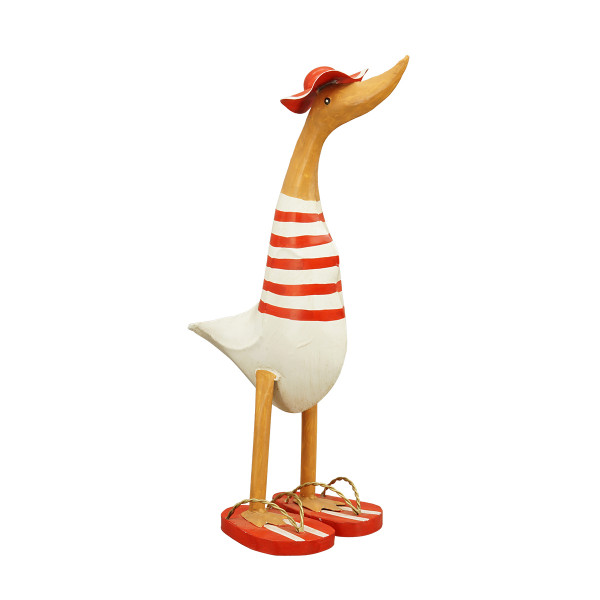 Deko Ente Badeente, Metallente mit rotem Hut, Ringelshirt und Flip Flops, 46cm