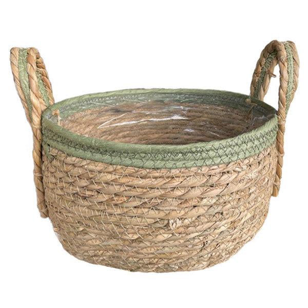 Pflanzkorb Seegras natur, Übertopf mit Henkel natur mit grünem Rand, 24cm, Naturkorb