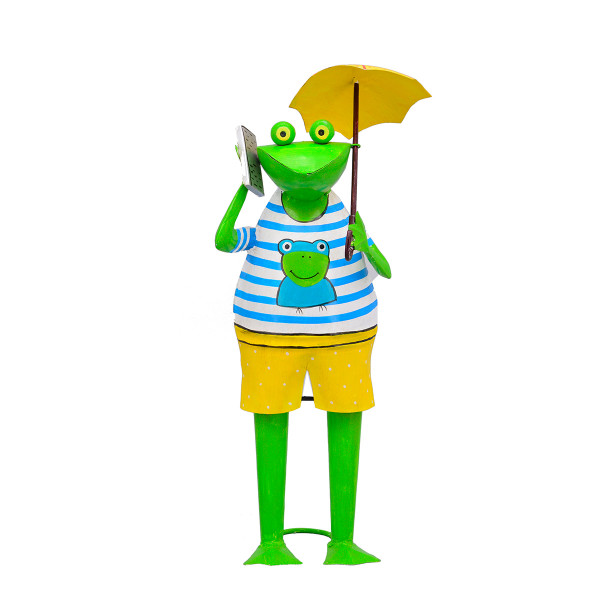 Deko Frosch in Badekleidung, Metallfrosch mit Sonnenschirm und Badehose, 52cm
