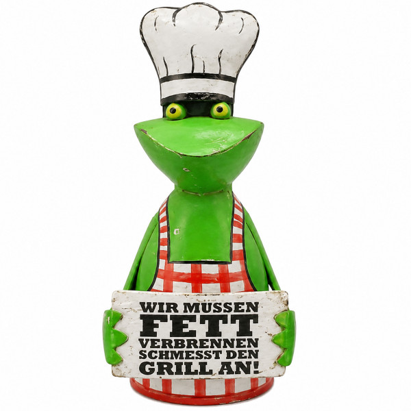 Zaunhocker Frosch Grillmeister, Metallfrosch mit Kochmütze und Schild: Fett verbrennen...