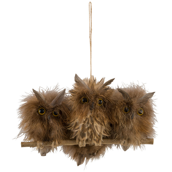 Deko Eulen auf Ast, 3 braune Federeulen sitzend auf Ast, 24cm, Hänger
