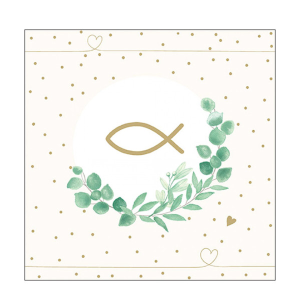 Ambiente Papierservietten Kommunion, Fisch und Kranz creme, 33x33cm