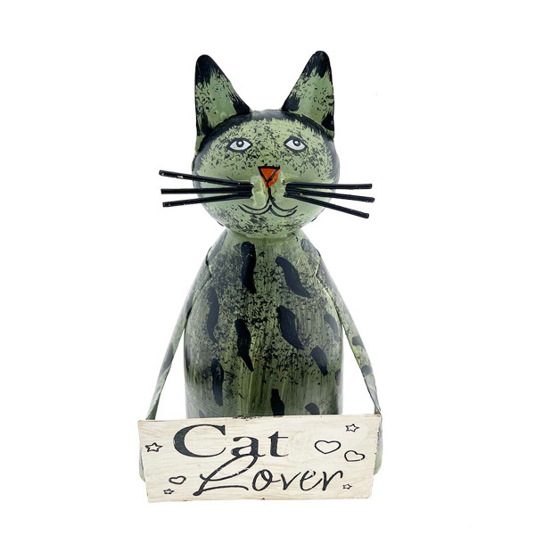 Zaunhocker Katze, Metallkatze mit Schild Cat Lover, 13x16cm