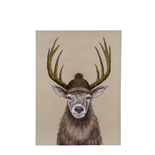 Kanevasbild Hirsch, Leinwandbild Winterhirsch mit Pudelmütze, 40x60cm
