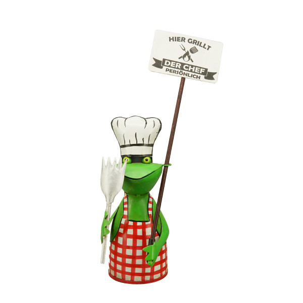 Zaunhocker Frosch Grill-BBQ, Metallfrosch mit Schild: Hier grillt der Chef persönlich, 22cm
