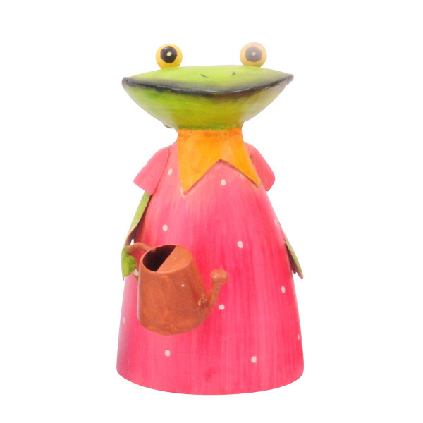 Zaunhocker Frosch mit Gießkanne, Metallfrosch pinkes Kleid und Gießkanne, 18cm