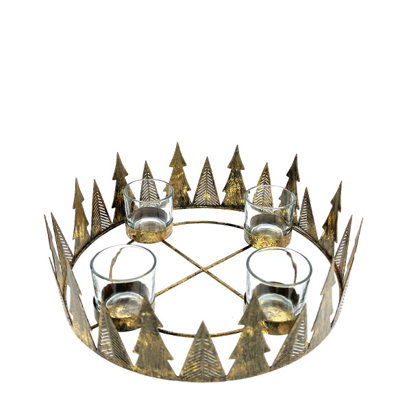 Deko Adventskranz antik gold, runder Teelichthalter mit Tannenbäume, Ø26cm