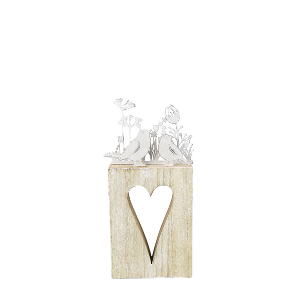 Dekoobjekt Vögel und Blumen auf Holzherz, weiß-natur, 25x11cm, Aufsteller