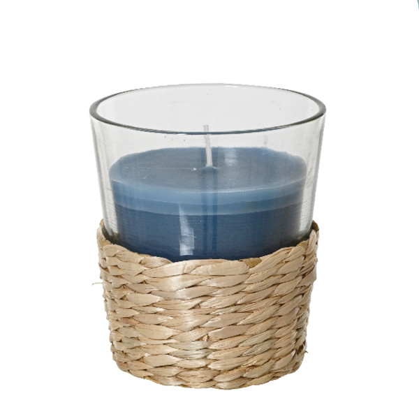 Duftkerze Citronella im Glas, Duftkerze blau im Bastkorb, outdoor, 7x7cm