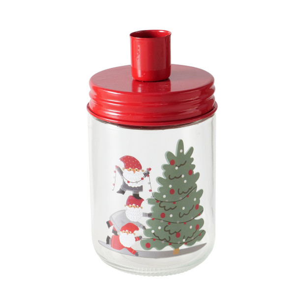 Kerzenglas Weihnachtsmann, Kerzenhalter rot, mit Tannenbaum, Boltze Home Collections