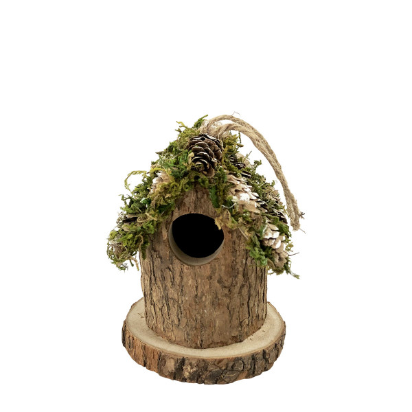 Kleines Deko Vogelhäuschen Natur, Holzhäuschen rund mit Moos, Naturholz und Zapfen, 9x10cm