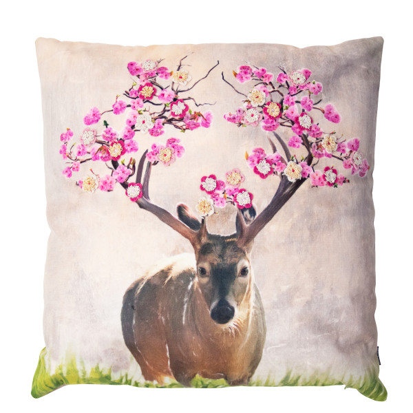 Deko Kissen Hirsch Fleury, Hirsch mit Kirschblüten, 45x45cm, Mars &amp; More
