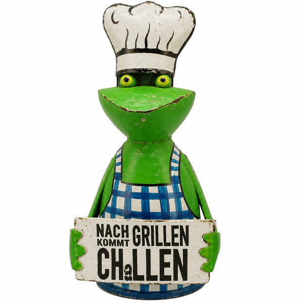 Zaunhocker Frosch Grillmeister, Metallfrosch mit Kochmütze und Schild: Nach Grillen kommt...