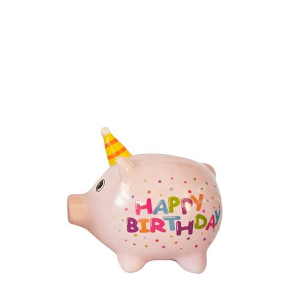 Kleine Spardose Party Schweinchen Happy Birthday, Sparschwein weiß mit Partyhut, Keramikspardose