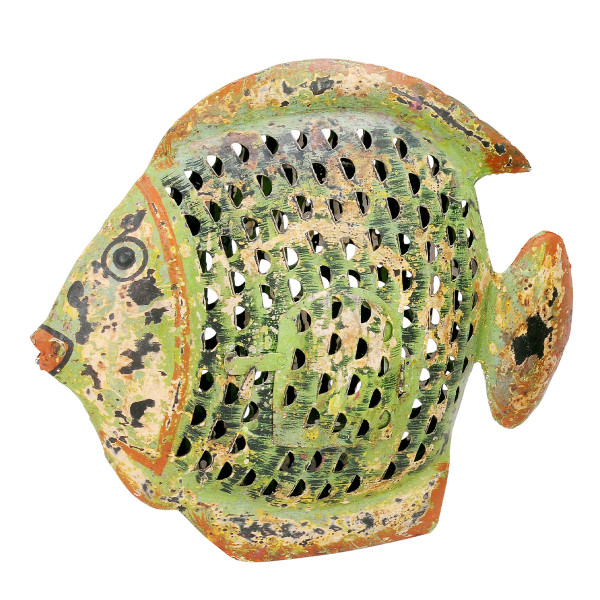 Deko Windlicht Fisch grün used look, Metallfisch mit kleinem Türchen, 21x18cm