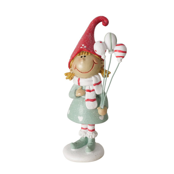Deko Figur Wichtelmädchen Jungle, lustiger pausbäckiger Wichtel mit roter Mütze und Ballons, Boltze