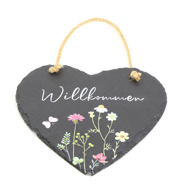Deko Herz Willkommen, Schieferherz mit Blumen und Schmetterling, 20x20cm