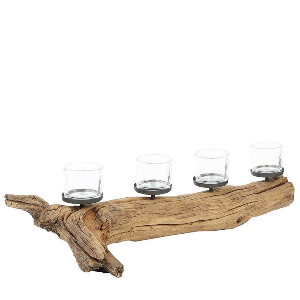 Naturholz Windlicht Eichenast, Naturast mit 4 Kerzengläser, 60cm, WMG Grünberger