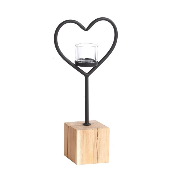 Deko Windlicht Herz Elisa, Metallherz auf Holzwürfel, 60cm, WMG Grünberger