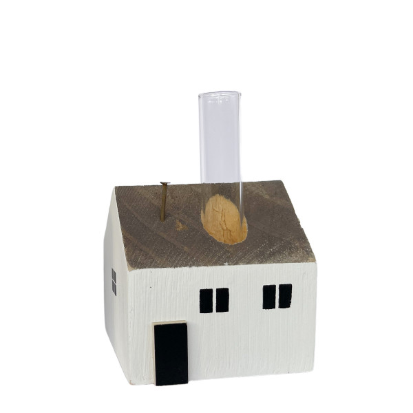 Deko Blumenvase Haus, kleines weißes Holzhaus mit Reagenzglas, 5x7cm