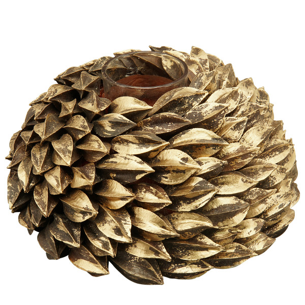 Kerzenhalter Aride gold, rustikaler Kerzenständer im Blätterkranz, Stabkerzenhalter, Ø18cm