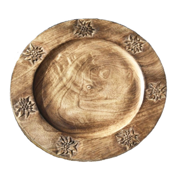 Deko Holzteller Landhaus Rustikal, Holzteller mit Edelweiß, Ø34cm, Les Sculpteurs du lac