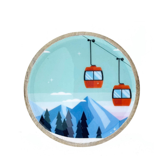 Deko Teller Gondel, Holzteller mit Lackküberzug und Bergmotiv mit Seilbahn, Ø22cm