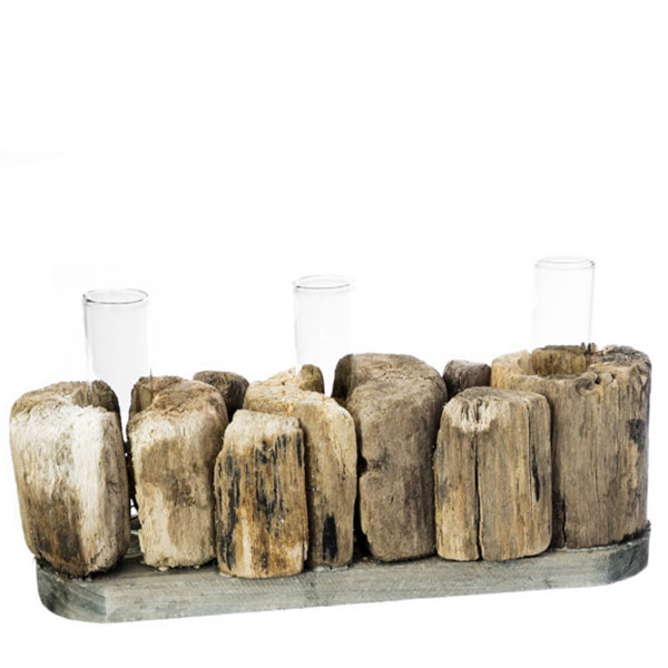 Deko Blumenvase, Reagenzgläser im Naturholz, 30cm