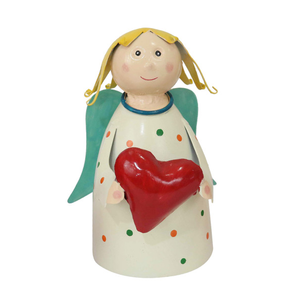 Zaunhocker Engel Schutzengel, Metallengel mit Herz und cremeweißen Pünktchen-Kleid, 22cm