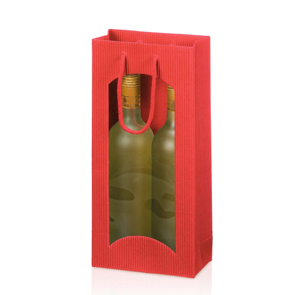 Flaschentüte rot mit Transparentfenster und Trageseil, 170x85x360mm