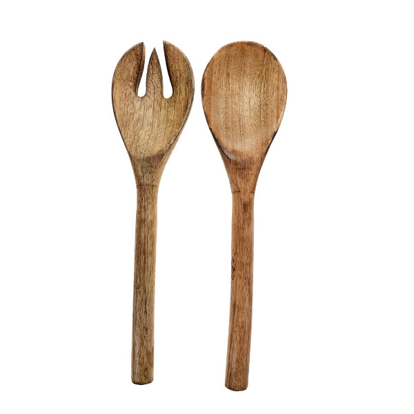 Deko Besteck Set, Holzbesteck Gabel und Löffel, Salatbesteck aus Mangoholz, 25cm