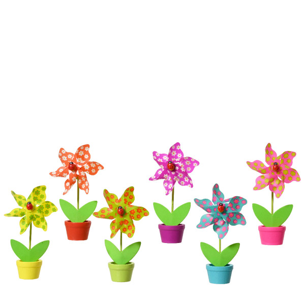Deko Windrad im Blumentopf, buntes Windrad mit Marienkäfer, 15cm