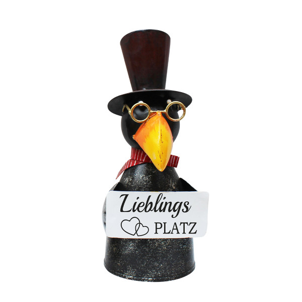 Zaunhocker Rabe Lieblingsplatz, Metallrabe mit Schild, Zylinder und Brille, 26cm