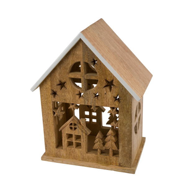Deko Holzhaus Winter, massives Holzhaus mit Winter-Ausschnitt, Relief-Arbeit, weiß lackierte Dachkan