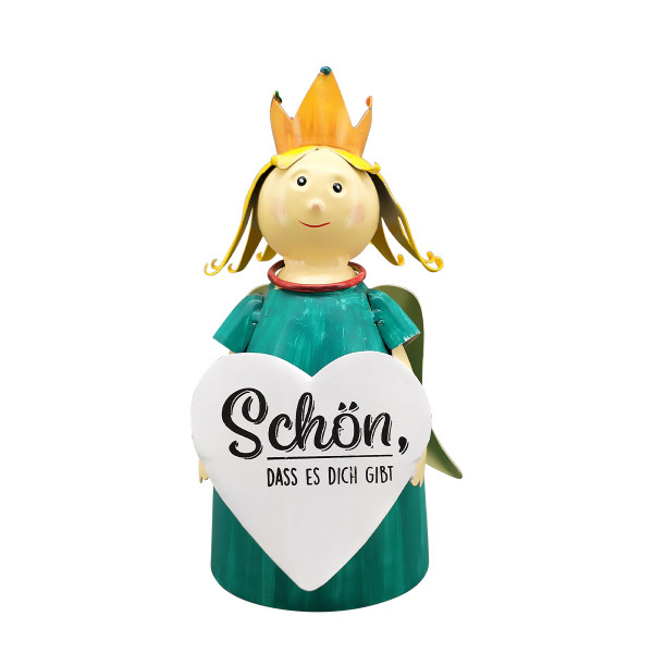 Zaunhocker Engel Schutzengel, Metallengel mit Krone und Schild: Schön, dass es dich gibt, 21cm